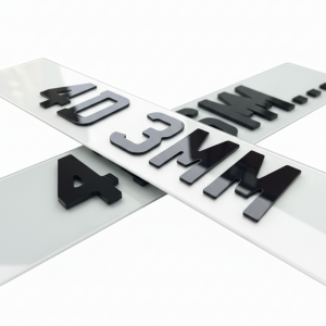 Two 4D 3MM and 4D 6MM gloss black Perspex number plates crossed over each other, showing the difference in thickness.