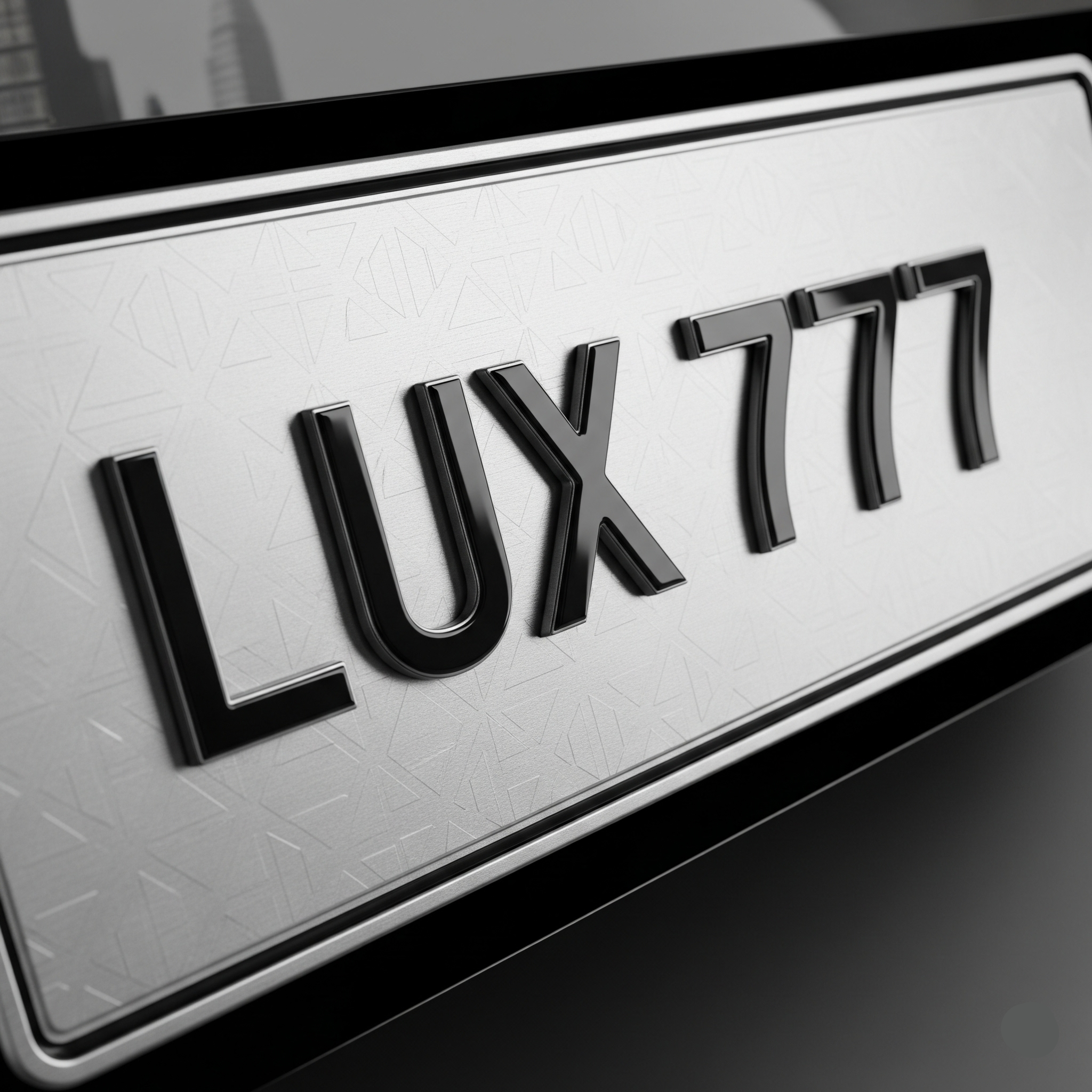 Close-up, angled shot of a custom UK number plate with the registration LUX 777, featuring black, raised 4D characters and a subtle geometric patterned background.